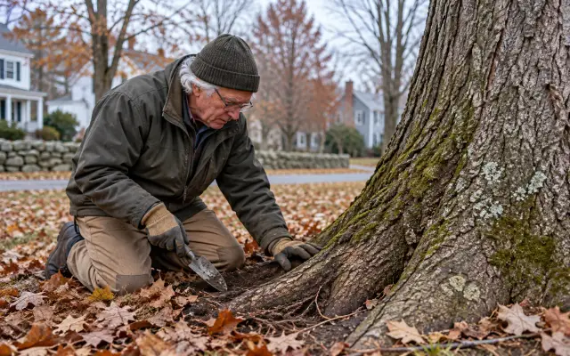 An arborist kneeling at the base of a tree and examining the root flare
