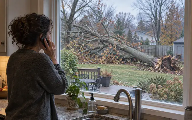 A woman on the phone at her kitchen window looking out at a fallen tree in the yard