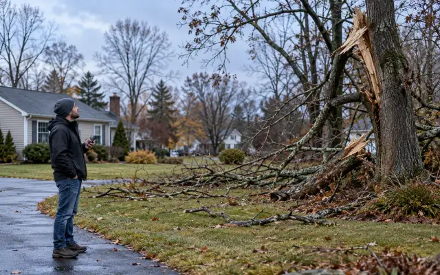 A homeowner in a rain jacket looking up at storm-damaged trees from the edge of the lawn