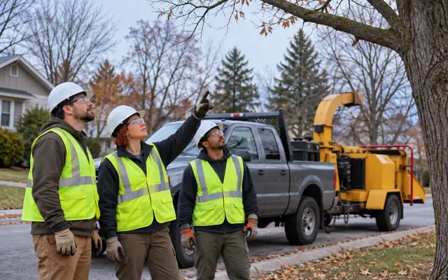A tree crew in hard hats reviewing the job at the curb before starting work