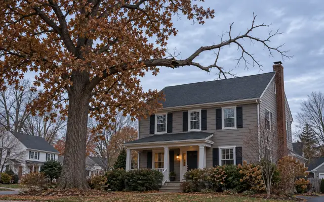 A tall mature oak beside a house with one large dead limb reaching over the roof