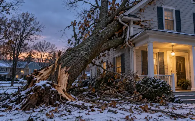 A large tree trunk split and fallen against the corner of a two-story house in winter dusk