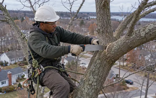 A climber in a harness cutting a branch back to a side branch high in a tree