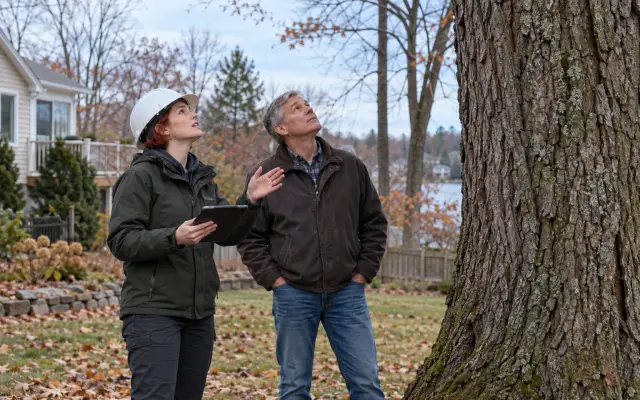 A crew leader and a homeowner walking around a large tree in a back yard