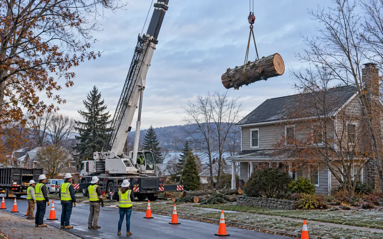 A crane lifting a cut section of tree trunk over a house roof