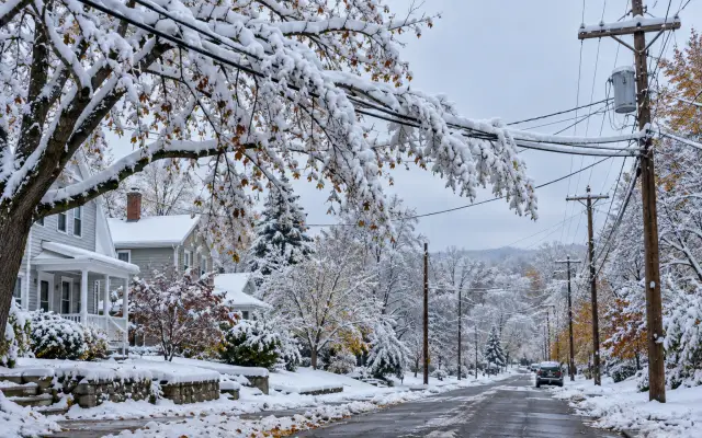 Snow-covered branches bent down onto overhead lines along a quiet residential street